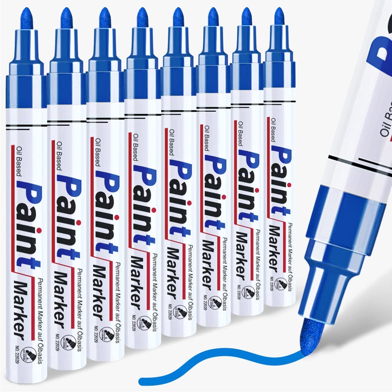 DAPAWIN Blue Paint Pen Permanent Paint Markers - 8 Oil Based Pens, Medium Tip, Quick Drying and Waterproof Marker Pens for Metal, Rock Painting, Wood, Fabric, Plastic,Canvas,Mugs Blue Markers Permanent - Image 1